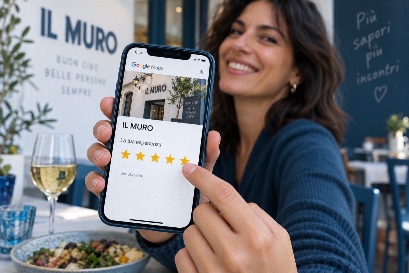 Scena simulata con AI: una persona sorridente seleziona cinque stelle su una schermata Google Maps dimostrativa di Il Muro